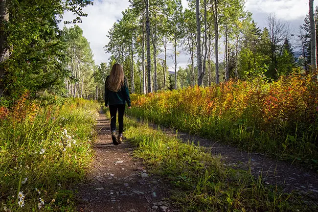 ragazza di spalle passeggia su un sentiero in una foresta