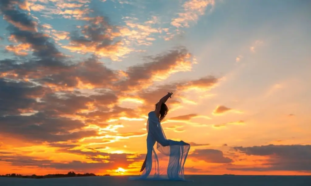 donna salta felice alla luce del tramonto